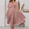 Casual Kleider Frauen Sommer A-Line Midi Lose Halbe Hülse Hohe Taille Solide Flowy Büro Damen Kleid Elagant V-ausschnitt party Lange