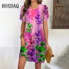 Robes décontractées Vintage Tie Dye Peinture à l'huile Femmes Plus Taille Été 2024 Manches courtes Mini Robe Rétro Fleur Imprimer