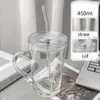 Mugs 450ml Glass Cup With Straw And Lid Coffee Cups Handle Heat-Resistant Water Bottle Beer Tea Office Couple Drinkware Mug