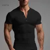 Herren-T-Shirts, lässig, gerippt, einfarbig, Herren-T-Shirts, Freizeit, O-Ausschnitt, Knopf, kurzärmelig, T-Shirt, Sommer, Herren, Sport, Mode, schlichte T-Shirts