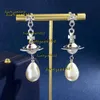 Orecchini a lobo Western Empress Dowager Argento Gocce d'acqua Lungo scintillante Diamante Orecchini a bottone in cristallo Clip Due stili di usura Moda per le donne Gioielli Regalo 2024