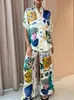 2024 Kvinnor Set Casual Printed Half Sleeve Shirt +Wide Ben Elastic Midje Pants Kvinnlig vår Autumn Shirt Suits 240129