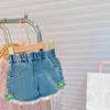 Kledingsets Zomer meisjes kant bladerdeeg mouw top applique bloemen denim shorts mode baby kinderoutfit kinderkleding pak