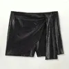 Shorts Femmes Zipper Design Femmes Paillettes Taille Haute A-Line Mini Culottes Pour Brillant Couleur Solide Jupe Irrégulière Au-dessus Du Genou Longueur