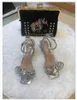 Sandálias Mulheres Sapatos Square Toe Verão Stiletto Saltos Bling Diamantes Bowknot Brilhante para Festa de Moda Alta