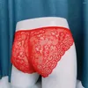 Sous-vêtements Sexy Mens Sheer Mesh Perspective Slips Dentelle Respirant Culotte Chanceux Rouge Couleur Poche Convexe Sissy Sous-Vêtements Lingerie