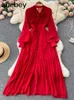 Casual Dresses Vintage Beach Red Maxi Dress Women Elegant Hollow Out Korean Holiday Split Female Long Sleeve Fairy Party