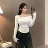 Mulheres Camisetas Smlinan Outono Sexy Cor Sólida Mulheres Camisetas Casual Slim Off Ombro T-shirt Café Branco Preto Simples Top de mangas compridas