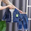 Ensembles de vêtements Printemps bébé grain vertical costume en denim à manches longues 0-5 ans garçon cardigan à revers pantalon deux pièces simple vêtements de sport décontractés