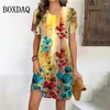 Robes décontractées Vintage Tie Dye Peinture à l'huile Femmes Plus Taille Été 2024 Manches courtes Mini Robe Rétro Fleur Imprimer