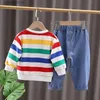 Ensembles de vêtements Printemps et automne bébé dessin animé dinosaure costume à manches longues garçon rayé haut T-shirt jeans décontracté deux pièces simple pull sportsw