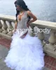 White Princess Sparkly Trumept Evening Dresses for Women Luxury Diamond Crystal Ruffles Prom Gown vestidos de gala