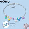 Collier WOSTU 925 en argent Sterling européen Simple bracelet poignet Bracelets pour femme Original arc-en-ciel coeur breloques perle bricolage fabrication de bijoux