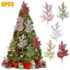 Flores decorativas 5 piezas de hojas de pino artificiales de Navidad, ramas de plantas simuladas doradas, guirnalda con brillo, adorno para árbol de Navidad, año del hogar