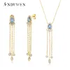 قلادة Andywen Winter 925 Sterling Silver Gold Blue Ovals Queen Tassel Long Chain Necklace 2022 Women Luxury Jewelry Gift