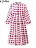 Plus Größe VONDA Mode Frauen Polka Dot Bohemian Kleid Casual Gedruckt Midi Sommerkleid Sommer Laterne Hülse Lose Party Robe 240126