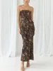 Robes de travail Combhasaki Femmes Y2K Vintage Maille Tenues Tie-dye Cordon Sans Bretelles Dos Nu Irrégulière Tube Tops Fente Jupe Longue 2Pcs Ensemble