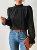 Damesblouses Herfst- en winterblouse Shirt Halfhoge hals Gesplitst golfpatroon Chiffon top met lange mouwen voor dames