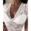 Kvinnors tankar ankomster 2024Spring Summer Design Long-Sleeve Bloom Fashion Casual Sexig Lace SeaThrough Short Top Sale