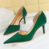 Dress Shoes Korean Summer Women 8cm High Heels Lady Wedding Satin Silk Middle Low Girls Fetish Green Office Party Event Hollow