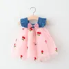 Girl Dresses Trendy Design Summer 2024 Baby Strawberry Bow Denim Yarn Skirt Kids Clothes Korean Style Princess Dress