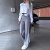 2023 Autumn and Winter Women's Two Piece Office Simple Solid Polo Collar Long Sleeved White Top Grey Pants Set Black Elegant Y2K 240129