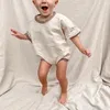 Rompers sommar baby flicka pojke romper våffla kort ärm skjorta solid bodysuit outfit jumpsuits kläder