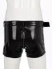 Underpants Mens Wet Look PU Leather Boxer Shorts With Waist Belt Double-End Zipper Openable Cortch Underwear Nightclub Sexy Clubwear