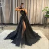 2024 Blue Pastrol Sequins Prom Prom Party Robe Stracts Lace Applique Side Split A-Line Evening Formal Gowns Vestidos de Ocasion Formalises Robe de Soiree