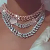 Chains 12mm Width Pink Heart Iced Out Bling 5A Cubic Zirconia Cz Choker Necklace Women Girlfriend Gift Cuban Link Chain JewelryCha283L