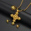 Ethiopian Cross 14k Yellow Gold Necklace Earrings Rings African Party Jewelry Set Women Girls Eritrean Habesha Accessories