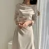 Casual Kleider 2024 Langarm Vintage A-Line Frühling Solide Apricot Frauen Kleid Party Hohe Taille Elegante Frau Luxus Herbst Slash neck