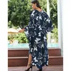 Mulheres Swimwear Elengant Preto Plus Size Kaftan para Mulheres Long Beach Dress 70s Caftans Azul Impressão Borboleta Banheira Terno Cover Up Robe