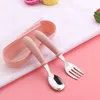 Dinnerware Sets 2pcs Stainless Steel Baby Tableware Set Portable Spoon And Fork With Storage Box Cute Cutlery Small Teal Table