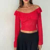 Camisetas femininas TETYSEYSH Lace Crop Tops Alças Manga Comprida Cor Sólida Slim Fit Camisetas Streetwear