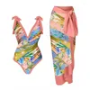 Dames Badmode Eendelige Badpakken Vrouw Vintage Print Ruche Diepe V Bikini Kimono Mode Cover-Up Badpak Beachwear Badpak