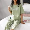 Damen-Nachtwäsche, Schlaf-Pyjama-Lounge-Sets, Sommer-Pyjama mit Karomuster, Capris, Damen, kurzärmelig, modisch, Polyester, Cartoon-Stil, Zuhause