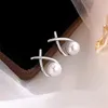 Studörhängen S925 Silver Needle Cross Earring For Women Girls Trendy Pearl Jewelry Pendientes E544