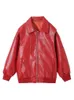 Chaqueta de cuero con cremallera de solapa roja para mujer, chaquetas Vintage de manga larga con retazos, abrigos de bolsillo a la moda para Otoño e Invierno 240124