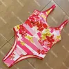 Women Swimsuit One Piece Floral Printed Beachwear Letter Swimwear High Waist Sport Bathing Suit