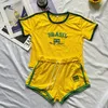 Y2k sexy giallo brasiliano ricamato a vita alta pantaloncini sportivi estate donna harajuku gotico palestra esercizio 2 pezzi set di abbigliamento da strada 240129