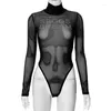 Débardeurs pour femmes Sexy Mode Strass Mesh Perspective Combinaison Noir Manches longues Tight Top Night Club Party Streetwear Sheer Body