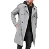 Män Autumn Winter Solid Color Windbreaker Lapel långärmad dubbelbrastfickor Bälte Slim Fit Long Coat Outwear 240118