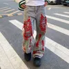 Men's Jeans High Street Hip Hop Hole Drawing Heavy Industry Embroidery Loose Straight Fashion Label Niche Design Pants