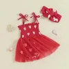 Robes de fille Baby Saint Valentin Tenues Summer sans manches à nette manche à coeur Cœur Imprimer avec un bandeau Set Infant Vêtements 0-18 mois