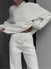 REALEFT Autumn Winter 2 Pieces White Women's Sets Knitted Tracksuit Turtleneck Sweater and Straight Jogging Pant Suits 240119