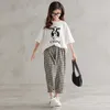 Clothing Sets 2024 Teenager Summer Kids Girls Clothes Cotton Cow Half Sleeve Outfit Tops T Shirt Plaid Ankle-tie Pants 6 7 8 9 10 11 12 Year