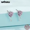 Charm Wostu Sterling Sier Heart Shaped Pink Crystal Cz Tassel Drop Earrings Charm Necklace Valentine Gift Wedding Jewelry Set