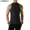 Men's Tank Tops 2024 Men Solid Color Turtleneck Sleeveless Knitted Casual Vests Summer Streetwear Fashion Clothing INCERUN S-5XL