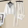 Two piece women's hooded sports shirt+wide leg pants set patchwork new Korean clothing long sleeved track and field clothing 2023 fashion set 240129